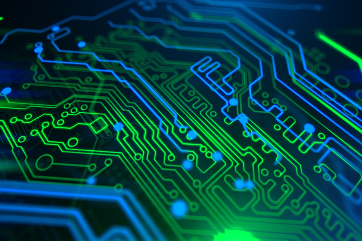 Abstract Technology background Circuit board futuristic server code processing PCB, Code, HTML Blue, green background with digital integrated network technology Printed circuit board