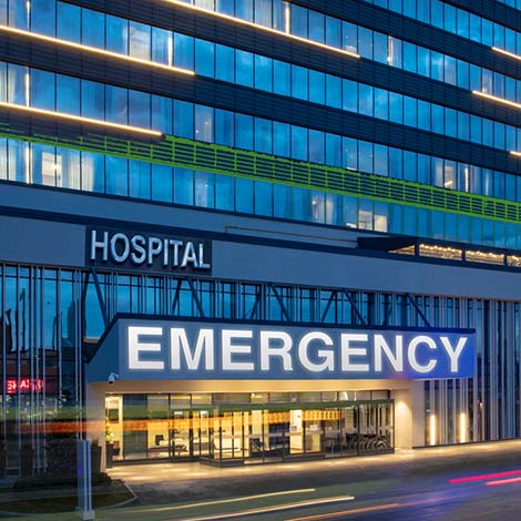 Modern Hospital Building Exterior of hospital with signage