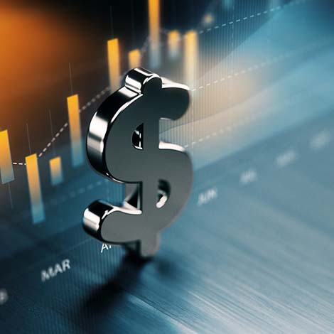 American Dollar Symbol Standing On Wood Surface In Front Of A Graph Money and finance concept illustration