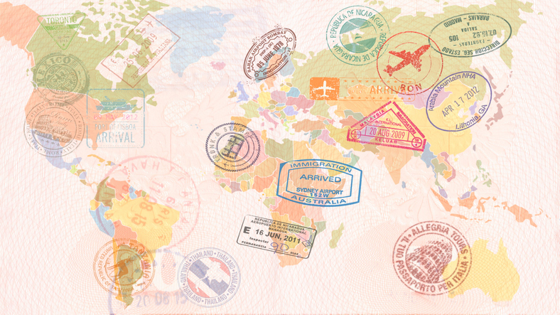 World map with Visas, Stamps, Seals. Travel concept.