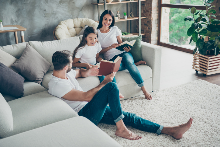 Nice attractive charming friendly adorable cheerful idyllic glad brunette family schoolgirl wearing, casual white t-shirts jeans spending free time at industrial loft style interior living-room indoor