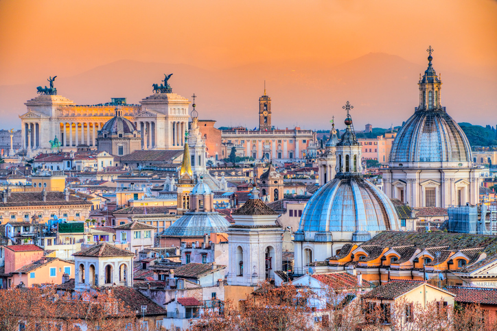 Wonderful view of Rome skyline at sunset, Italy