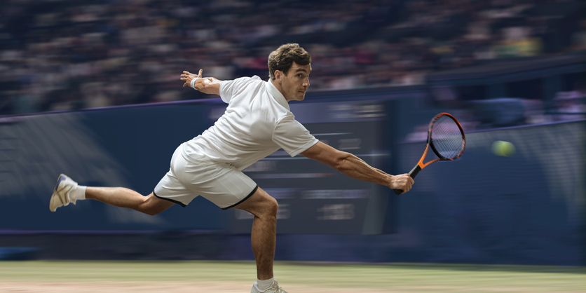 A close up view of a professional male tennis player running in mid motion reaching out above to strike the tennis ball in a volley from close to the baseline. The athlete is playing on a grass court in a generic stadium full of spectators. With motion blur.