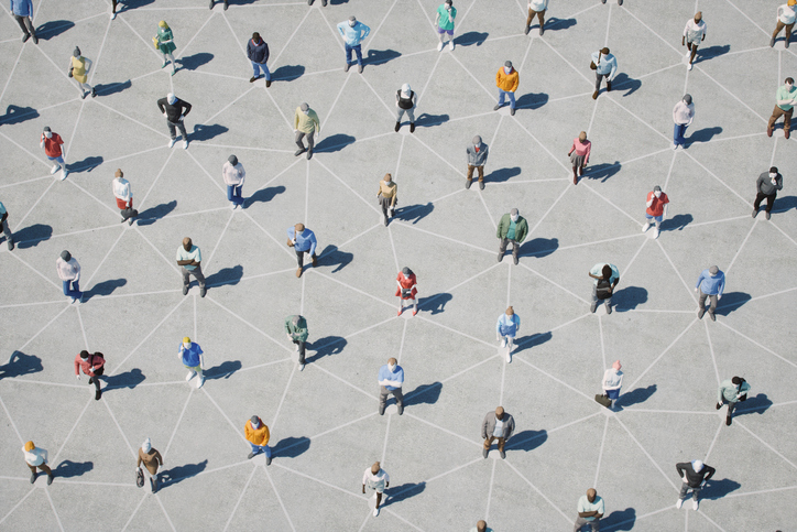 3d low-poly people at street with connections.