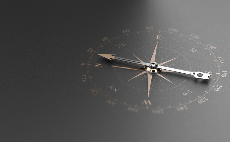Business Guidance Or Orientation Concept. Compass over Black Background Golden compass over modern black background. Concept of business guidance or orientation, 3D illustration.