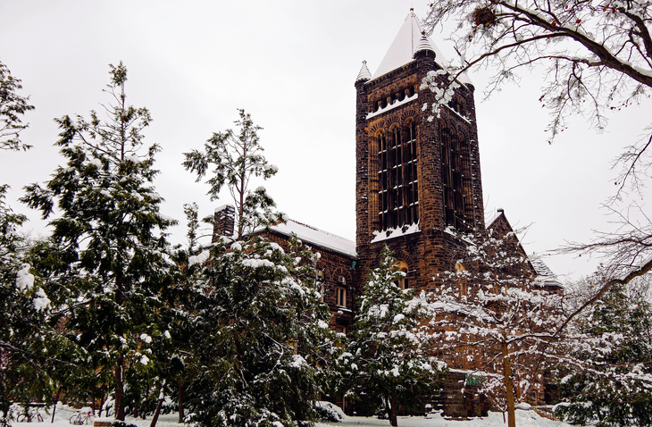 Winter at Urbana, Illinois. The clock tower is a public building and belongs to the Department of Mathematics at the University of Illinois at Urbana Champaign.