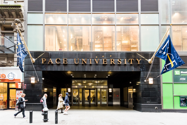New York City, USA - October 30, 2017: Pace University College sign entrance in NYC Manhattan lower financial district downtown