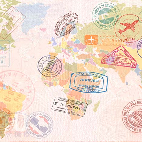 World map with Visas, Stamps, Seals. Travel concept.