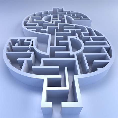 Business opportunity Businessman standing in front of a dollar shaped maze. Business and finance concept rendered from high angle. High resolution 3D rendering. Similar images: