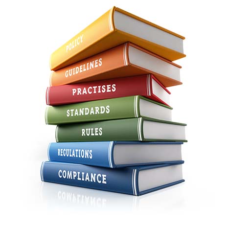 Colorful books of compliance, standards  and rules are sitting on top of each other. The books have unique texts on their spines related to compliance subject. Isolated on white background. Clipping path is included. High quality 3d render with copy sapce.
