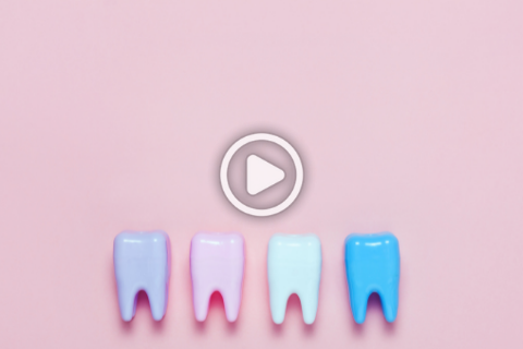 Pink Background with multicolored teeth and a play button