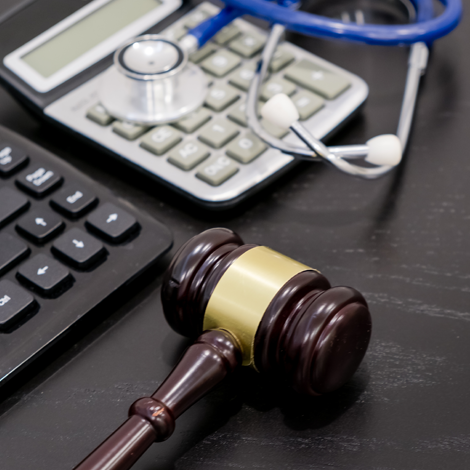 Gavel stethoscope and calculator