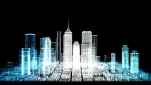Energy power of future big city concept, neon cyber light skyscraper building of business area architecture simulation technology digital fly over view, blue theme