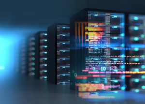 Corridor of server room 3d illustration with node base programming data design element.