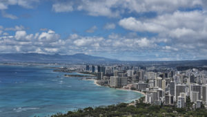 Stunning views from the volcanic cone, Diamond Head, towards Waikiki beach, Honolulu, Oahu Island, Hawaii, USA