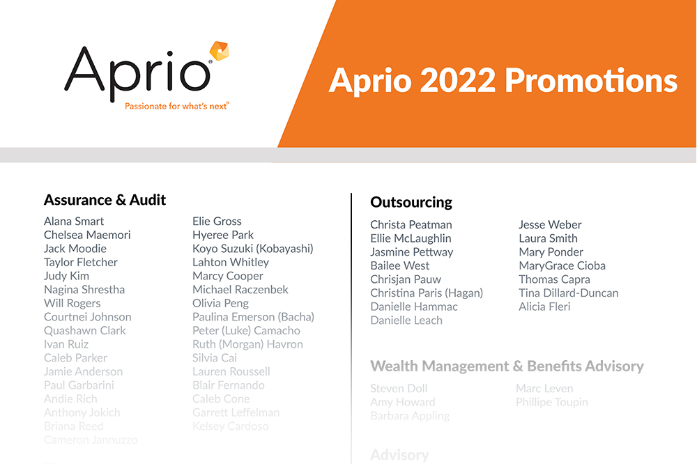 Aprio Promotes Over 135 Team Members Across Firm for 2022 Aprio