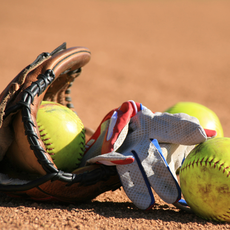 picture of a softball glove, ball, and batting glove