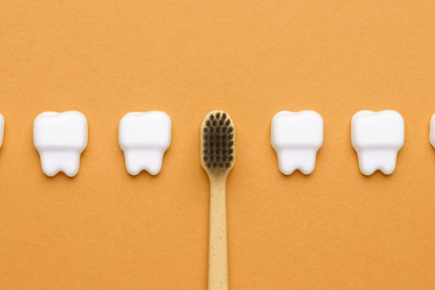 teeth and toothbrush on an orange background