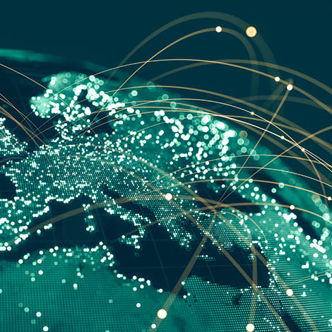 Global Communication Network Blue Globe viewing from space at night with connections between cities.
(World Map Courtesy of NASA: https://visibleearth.nasa.gov/view.php?id=55167)