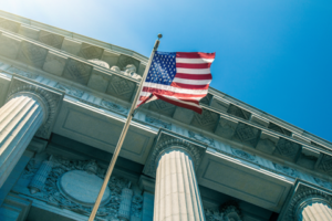 US flag in front of a government building