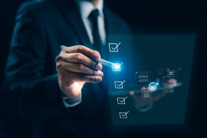 Businessman online check survey filling out, digital form checklist satisfaction questionnaire and feedback report result of voting client. Business performance monitoring concept