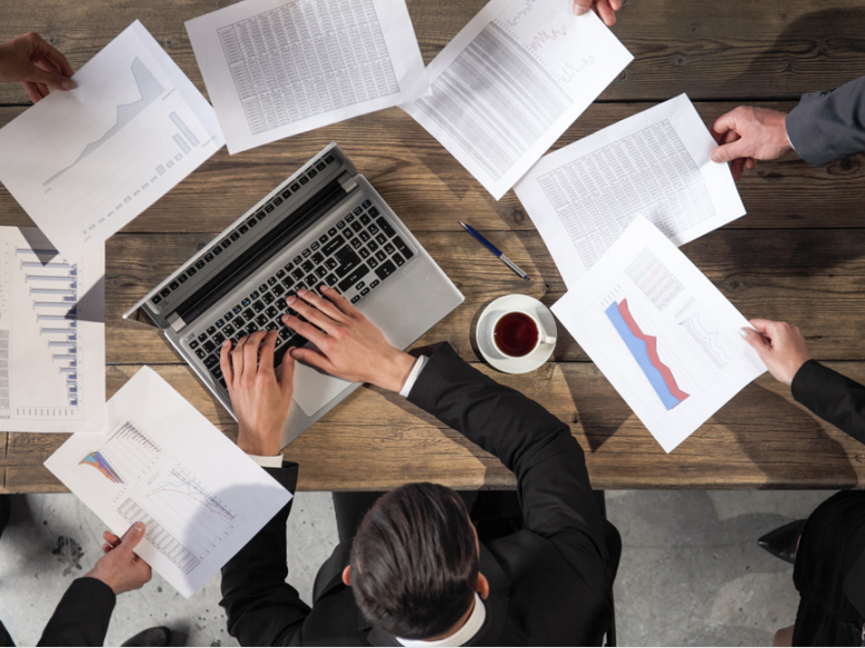 Corporate businessman reports stock photo