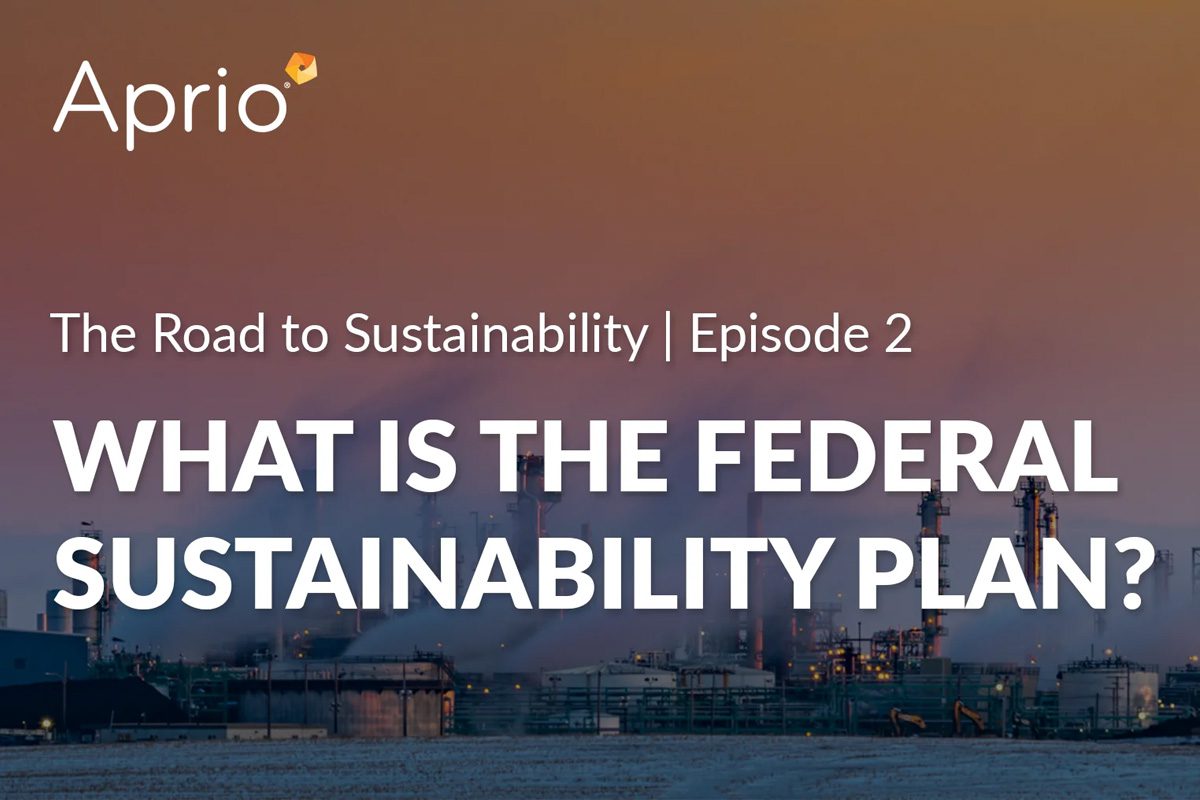 Industrial facility at sunset with text overlay: The Road to Sustainability | Episode 2. WHAT IS THE FEDERAL SUSTAINABILITY PLAN? and Aprio’s logo in the corner.