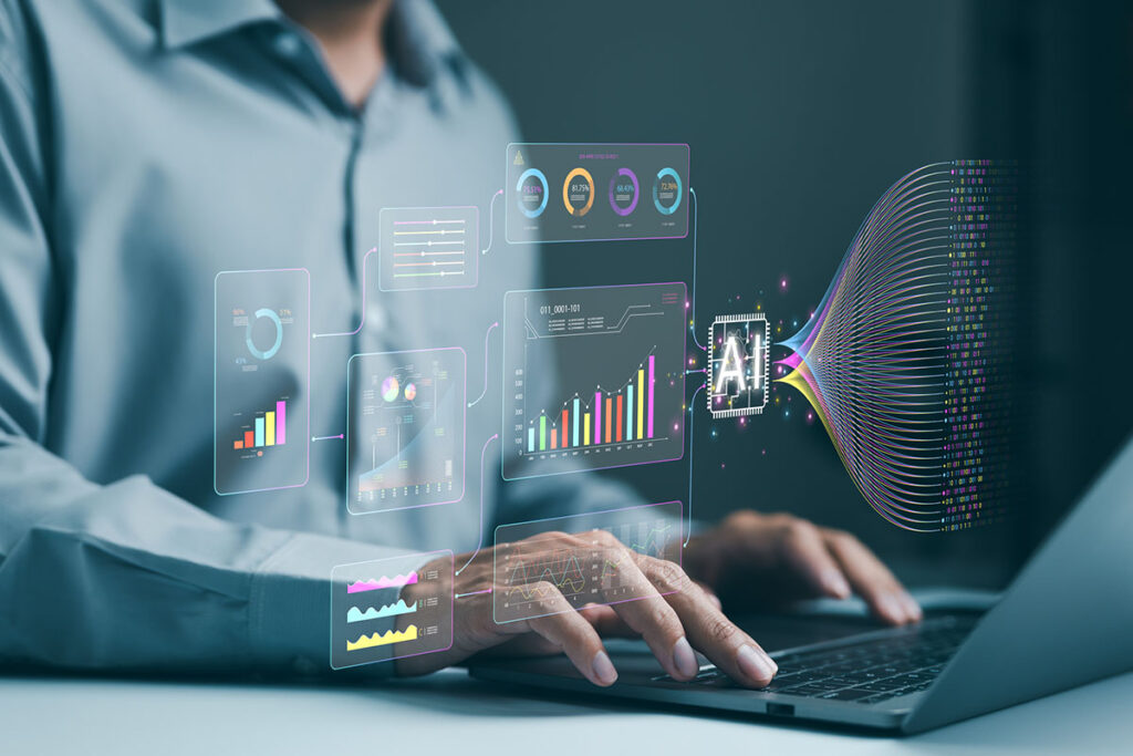 AI artificial intelligence technology to help manage analysis big data and insights complex information. analyst using AI working business analytics dashboard with finance charts.