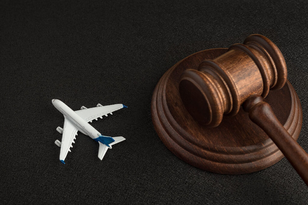 Wooden judges gavel and toy plane. Aviation Law. Lawsuit with the airline.