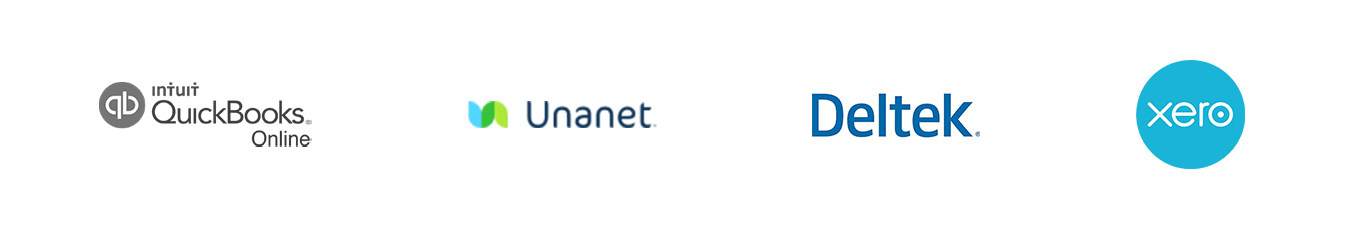 Logo grid of Intuit quickbooks, Unanet, Deltrex, and Xero