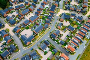 Aerial view of new housing development in southeast England