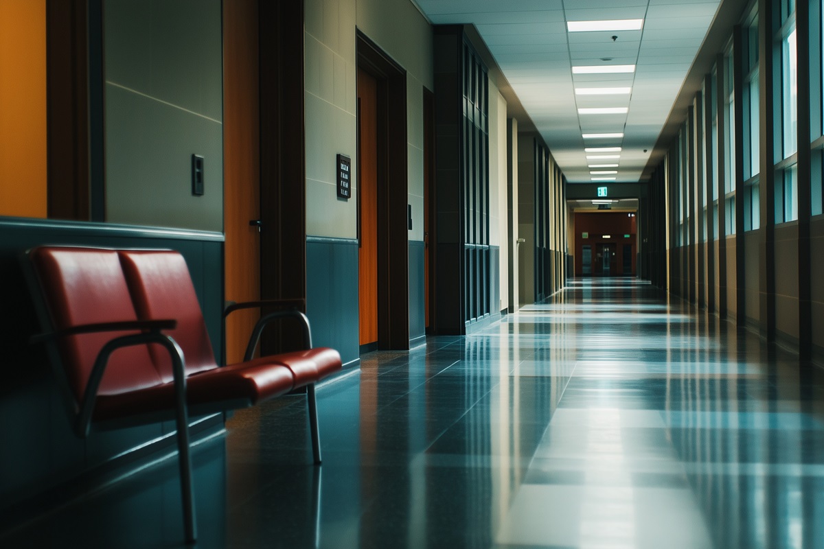 Abandoned government building with empty hallways and closed doors in dim natural light