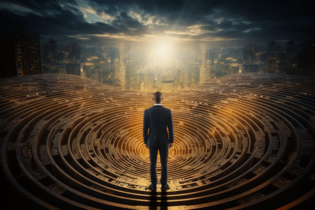 Path of success, exit to a luminous future in business, clear target ahead,