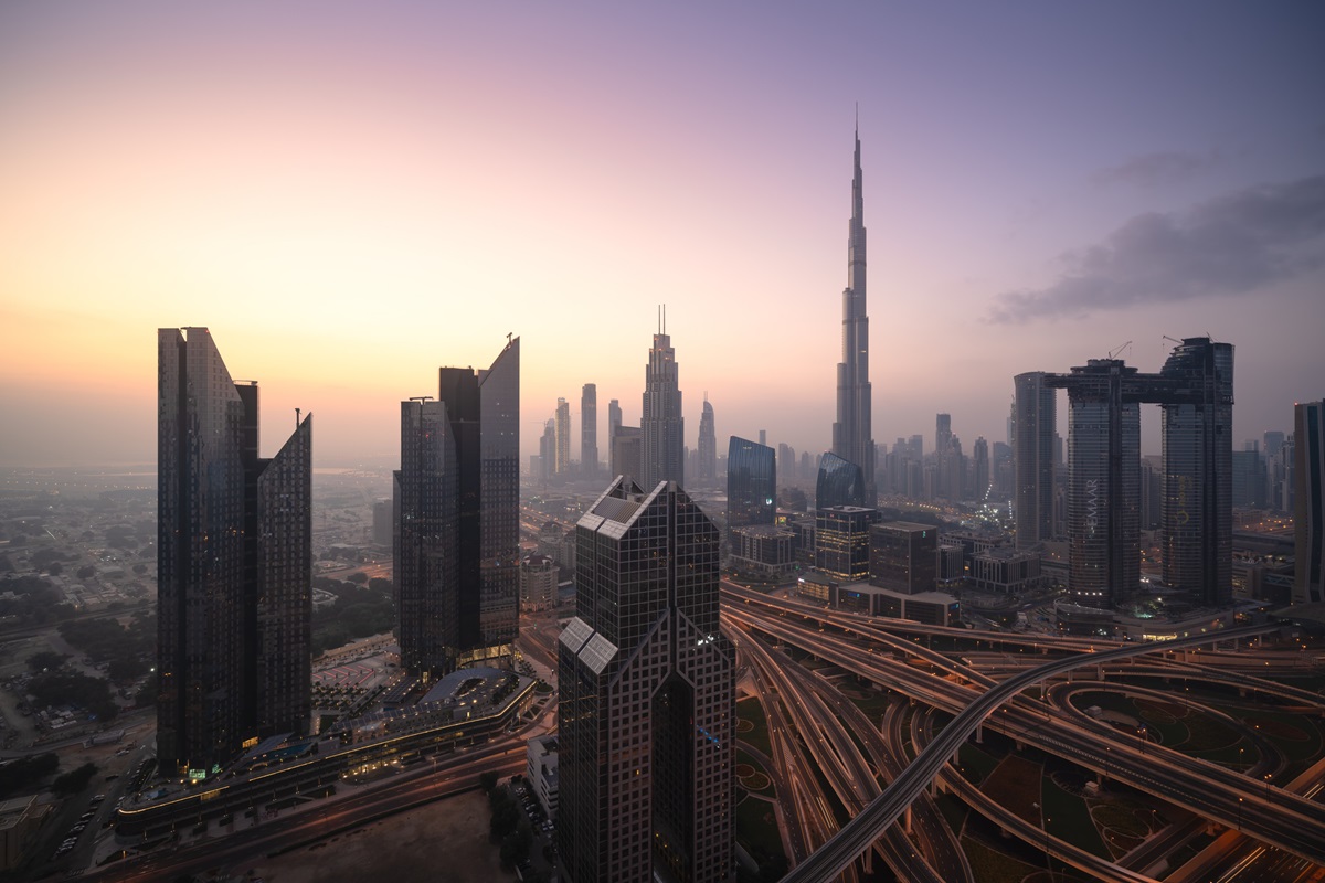 Aerial view of cityscape at sunrise in Dubai UAE