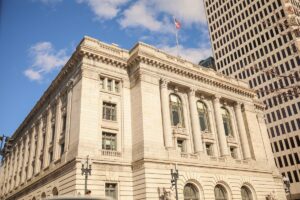 Downtown historical architectural buildings in urban business capital with national tourist landmark for traveling in united states town in new england northeast area
