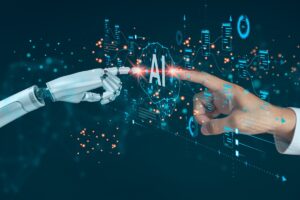A man interacts with a smart robot, utilizing AI and machinelearning to facilitate deep learning and data exchange, showcasing the synergy of human and artificial intelligence
