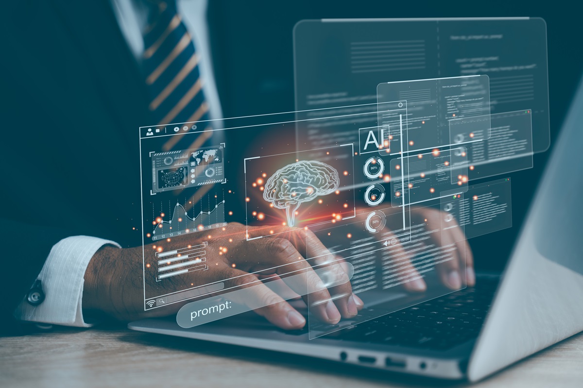 AI, man, business, technology, and data merge in a futuristic scene where a professional analyzes algorithms and virtual insights for smarter decisions and growth