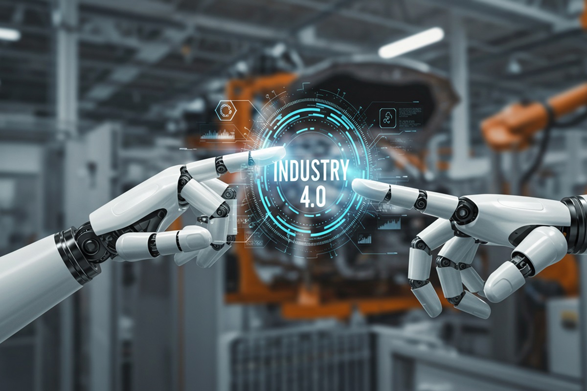 Two robotic arms pointing at industry four point zero interface in a factory setting image business, data
