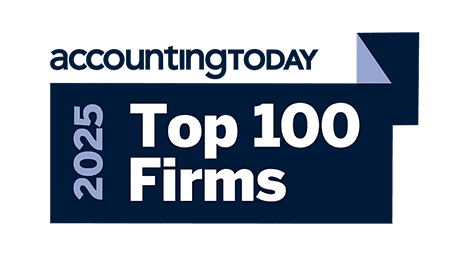 Accounting Today 2025 Top 100 Firms logo on a dark blue rectangular background with white and light blue text.