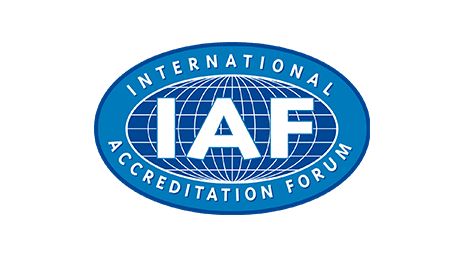 Blue and white International Accreditation Forum (IAF) logo with a globe design and text inside an oval shape.