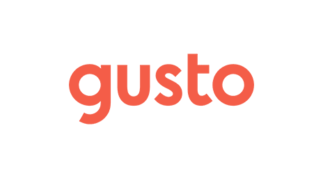The word gusto is displayed in lowercase, bold, coral-colored letters on a light gray background.