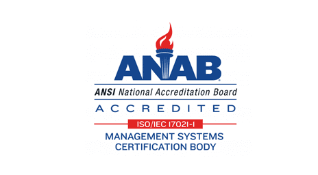 ANAB Accredited logo for Management Systems Certification Body, displaying the ISO/IEC 17021-1 standard and ANSI National Accreditation Board text.