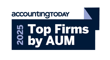 A graphic with the text accountingTODAY 2025 Top Firms by AUM in bold letters on a dark blue and white background.