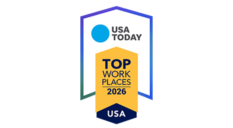 USA Today Top Workplaces 2026 award badge with a blue and yellow design and a hexagonal shape.