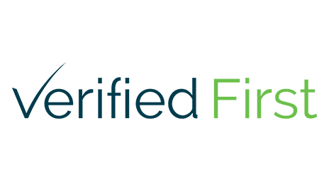 The logo displays the words Verified First with Verified in dark blue and First in green; the V in Verified is styled like a checkmark.