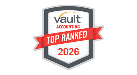 A badge-style graphic reads Vault Accounting Top Ranked 2026 with a red ribbon across a gray and white shield.