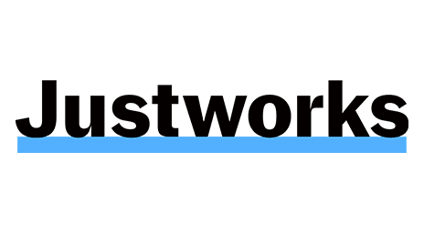 The word Justworks in bold black text with a blue underline on a light gray background.