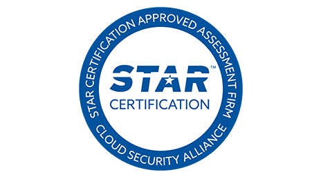 Logo featuring a blue circular badge with the words STAR Certification Approved Assessment Firm and Cloud Security Alliance surrounding STAR Certification in the center.