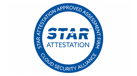Blue and white circular badge displaying STAR Attestation Approved Assessment Firm and Cloud Security Alliance around STAR Attestation in the center.