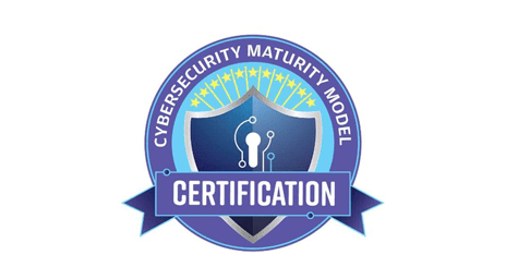 A circular badge featuring a shield with a keyhole, the words Cybersecurity Maturity Model Certification, and a blue banner labeled Certification.